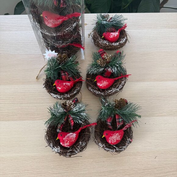 Cardinal Bird Nest Christmas Tree Ornaments Pinecones Plaid Bows 8 Total - Picture 2 of 5